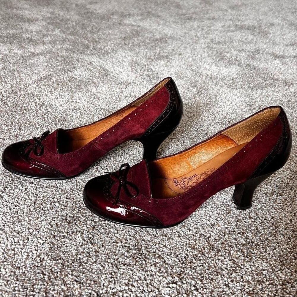 Vintage y2k Sofft Burgundy Suede Leather Bow Pumps Heels Coquette Whimsygoth 8